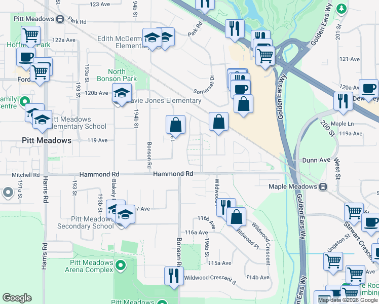 map of restaurants, bars, coffee shops, grocery stores, and more near 19635 Planetree Lane in Pitt Meadows