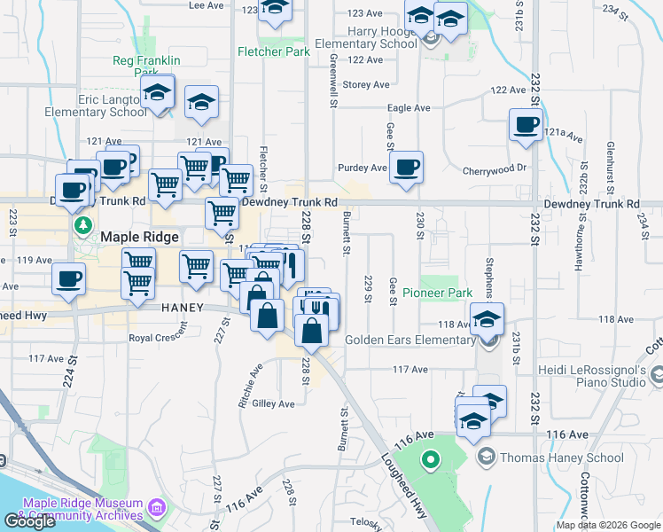map of restaurants, bars, coffee shops, grocery stores, and more near 11913 Burnett Street in Maple Ridge