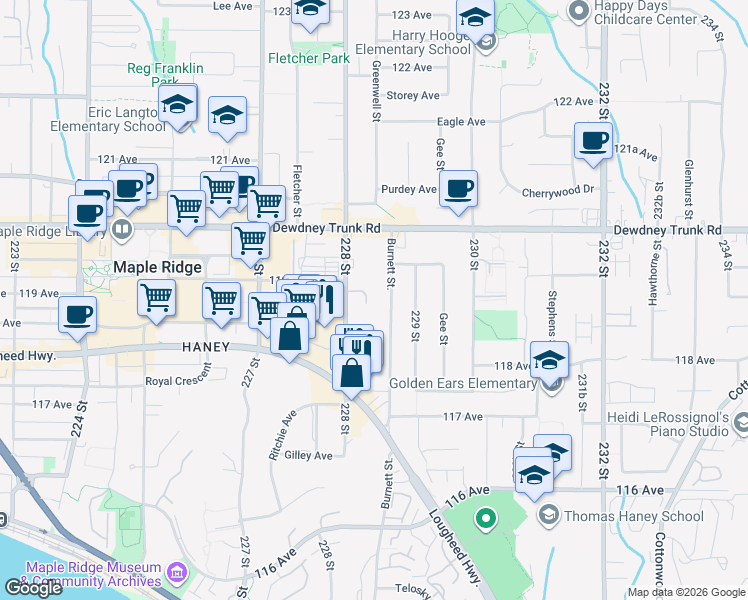map of restaurants, bars, coffee shops, grocery stores, and more near in Maple Ridge