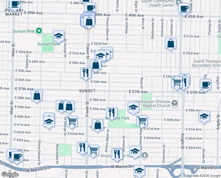 map of restaurants, bars, coffee shops, grocery stores, and more near 805 East 57th Avenue in Vancouver