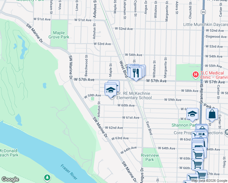 map of restaurants, bars, coffee shops, grocery stores, and more near 7380 Maple Street in Vancouver