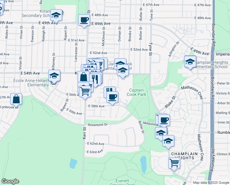 map of restaurants, bars, coffee shops, grocery stores, and more near 3265 Clermont Mews in Vancouver