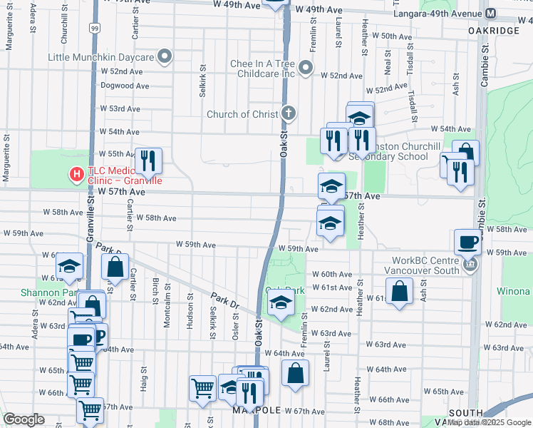 map of restaurants, bars, coffee shops, grocery stores, and more near 1041 West 58th Avenue in Vancouver