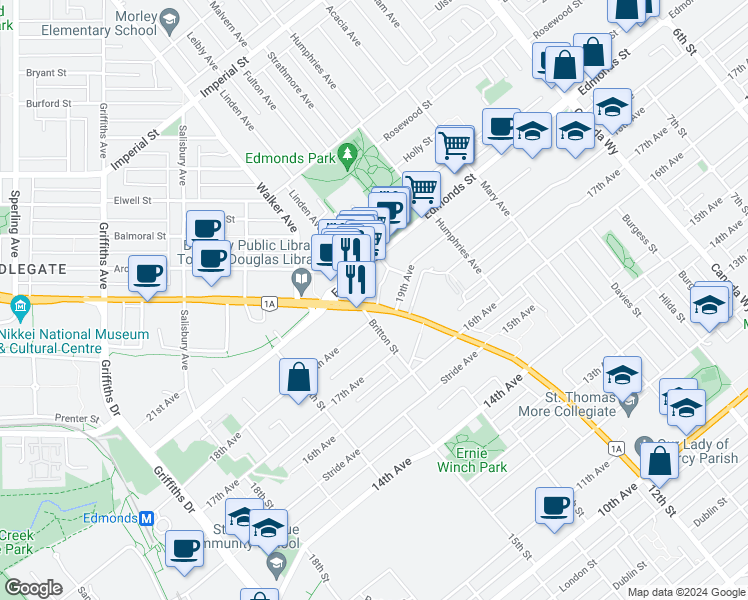 map of restaurants, bars, coffee shops, grocery stores, and more near 7388 Kingsway in Burnaby
