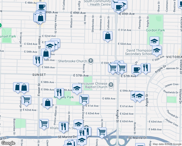 map of restaurants, bars, coffee shops, grocery stores, and more near 7261 Sherbrooke Street in Vancouver
