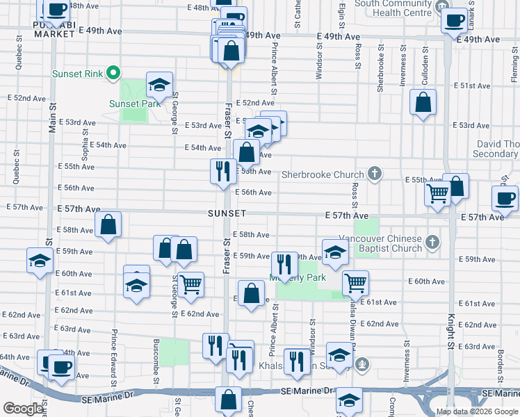 map of restaurants, bars, coffee shops, grocery stores, and more near 759 East 57th Avenue in Vancouver