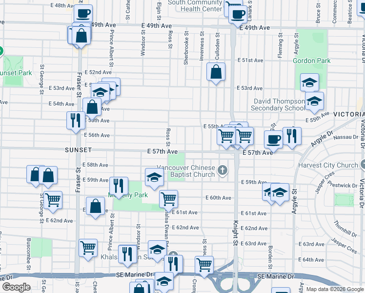 map of restaurants, bars, coffee shops, grocery stores, and more near 7261 Sherbrooke Street in Vancouver