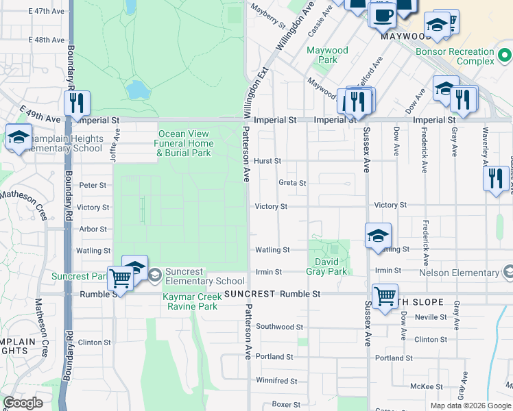map of restaurants, bars, coffee shops, grocery stores, and more near 4133 Victory Street in Burnaby