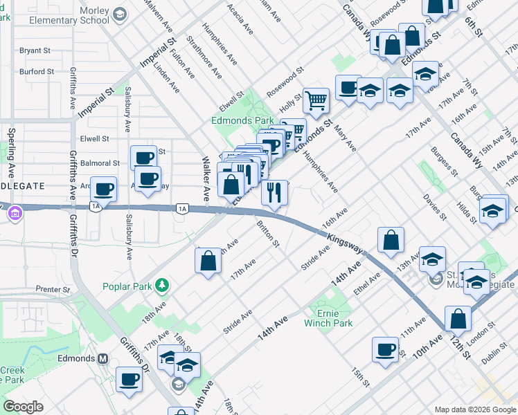 map of restaurants, bars, coffee shops, grocery stores, and more near 7388 Kingsway in Burnaby