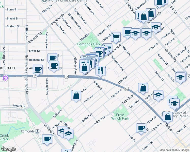 map of restaurants, bars, coffee shops, grocery stores, and more near 7388 Kingsway in Burnaby