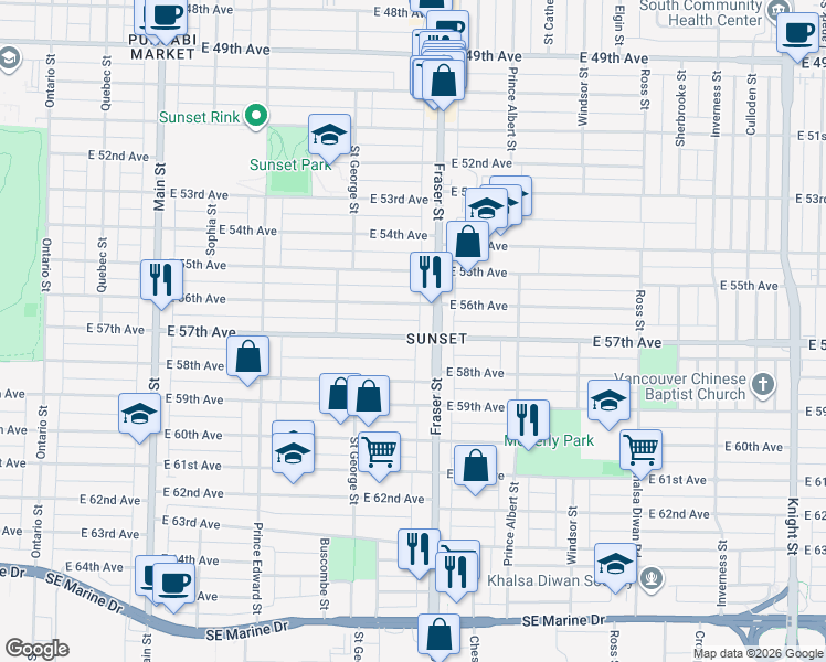 map of restaurants, bars, coffee shops, grocery stores, and more near 657 East 57th Avenue in Vancouver