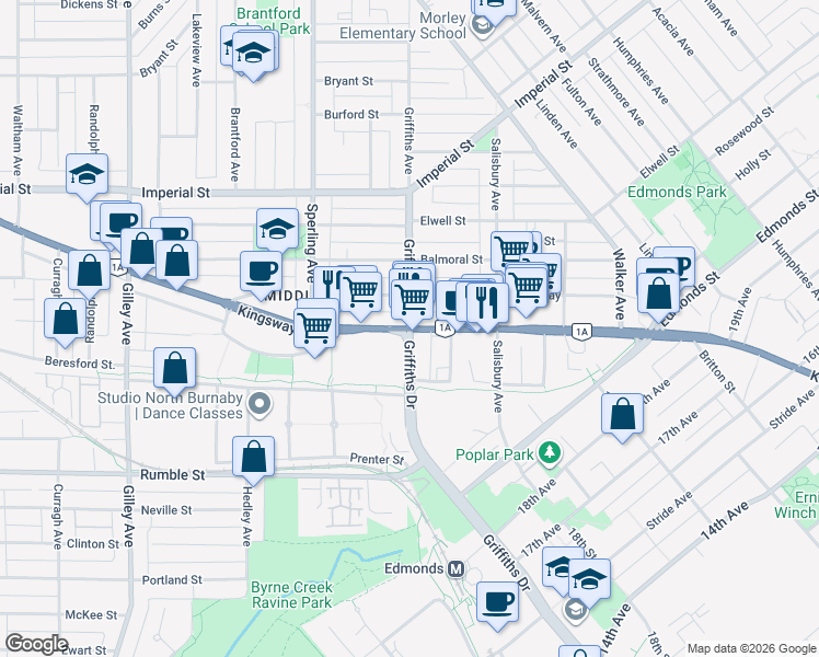 map of restaurants, bars, coffee shops, grocery stores, and more near Kingsway & Griffiths Dr in Burnaby