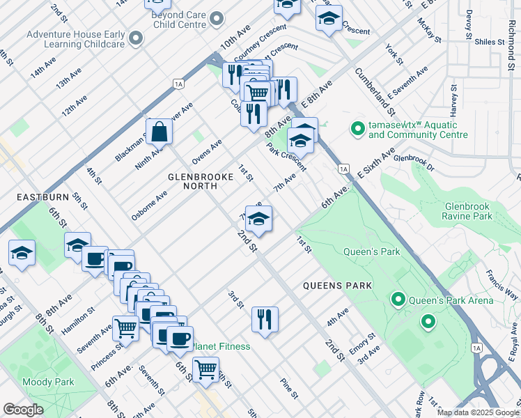 map of restaurants, bars, coffee shops, grocery stores, and more near 108 Seventh Avenue in New Westminster