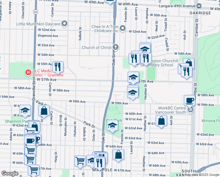 map of restaurants, bars, coffee shops, grocery stores, and more near 7353 Oak Street in Vancouver