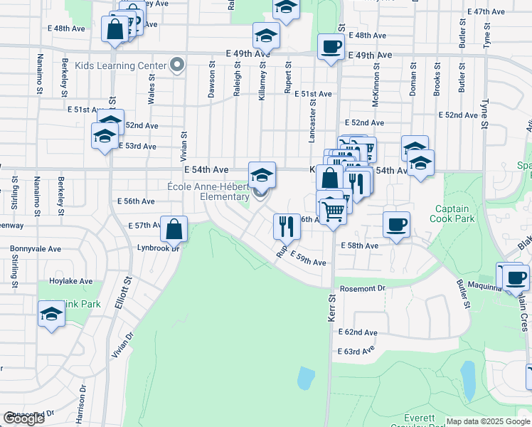 map of restaurants, bars, coffee shops, grocery stores, and more near 2920 East 56th Avenue in Vancouver