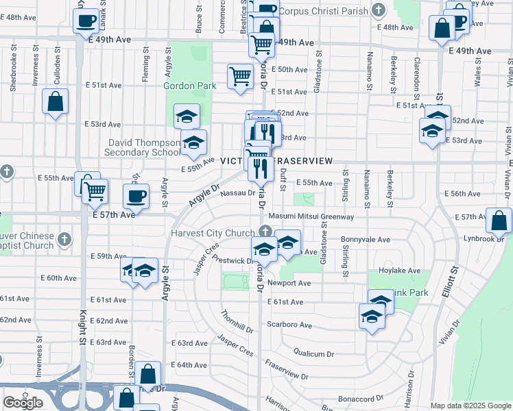 map of restaurants, bars, coffee shops, grocery stores, and more near 7257 Victoria Drive in Vancouver