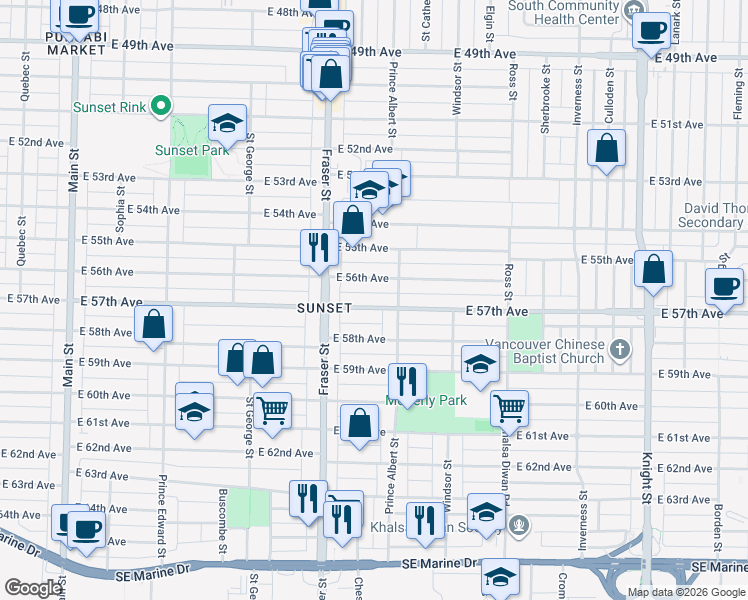 map of restaurants, bars, coffee shops, grocery stores, and more near 763 East 57th Avenue in Vancouver
