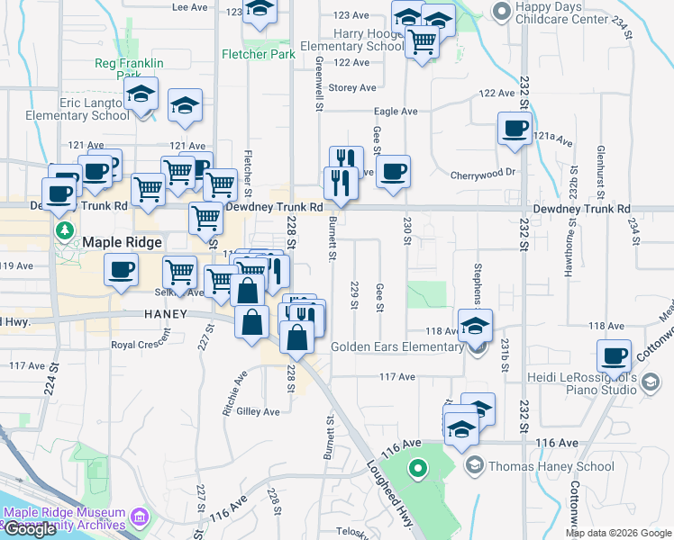 map of restaurants, bars, coffee shops, grocery stores, and more near 11900 Burnett Street in Maple Ridge