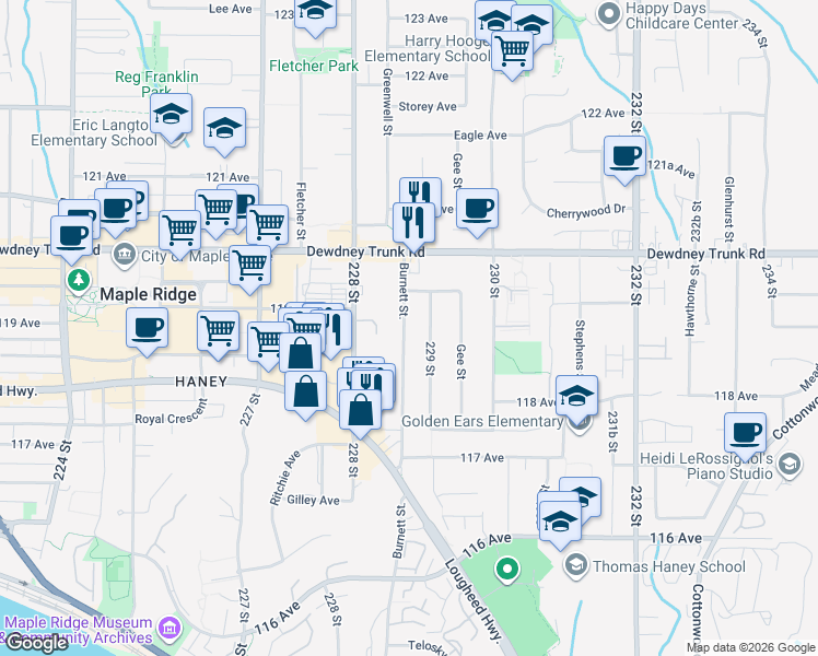 map of restaurants, bars, coffee shops, grocery stores, and more near in Maple Ridge