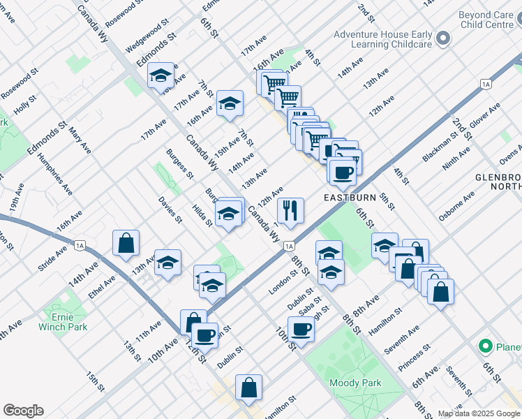 map of restaurants, bars, coffee shops, grocery stores, and more near 7722 12th Avenue in Burnaby