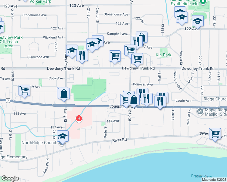 map of restaurants, bars, coffee shops, grocery stores, and more near 11883 Cherrington Place in Maple Ridge