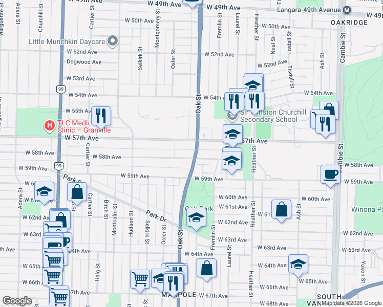map of restaurants, bars, coffee shops, grocery stores, and more near 7351 Oak Street in Vancouver