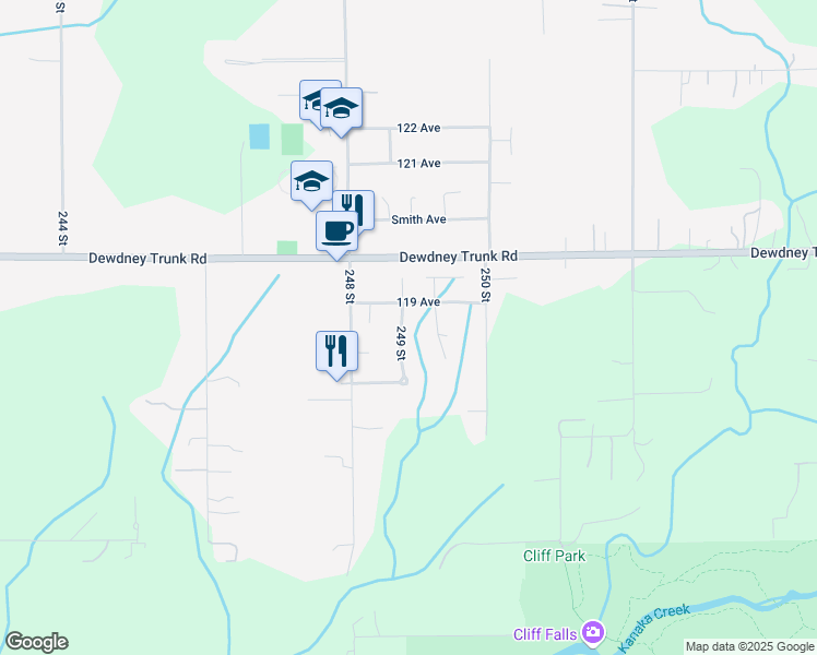 map of restaurants, bars, coffee shops, grocery stores, and more near 11874 249 Street in Maple Ridge