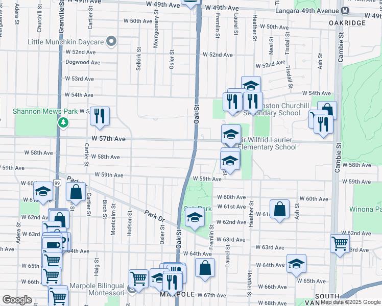 map of restaurants, bars, coffee shops, grocery stores, and more near 7351 Oak Street in Vancouver