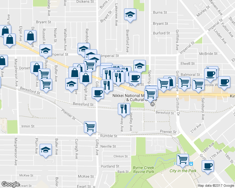 map of restaurants, bars, coffee shops, grocery stores, and more near in Burnaby