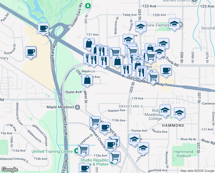 map of restaurants, bars, coffee shops, grocery stores, and more near 20186 Bruce Avenue in Maple Ridge