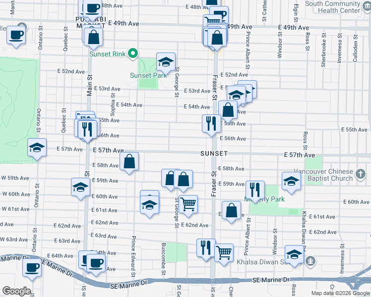 map of restaurants, bars, coffee shops, grocery stores, and more near 571 East 57th Avenue in Vancouver