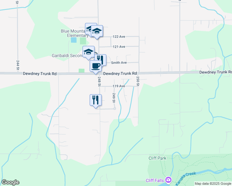map of restaurants, bars, coffee shops, grocery stores, and more near 11874 249 Street in Maple Ridge