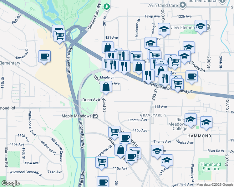 map of restaurants, bars, coffee shops, grocery stores, and more near 20140 Bruce Avenue in Maple Ridge