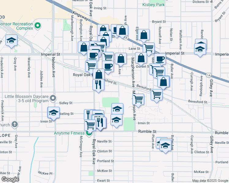 map of restaurants, bars, coffee shops, grocery stores, and more near 7117 Antrim Avenue in Burnaby