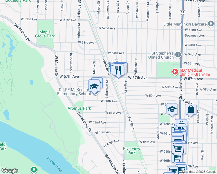 map of restaurants, bars, coffee shops, grocery stores, and more near 7362 Laburnum Street in Vancouver