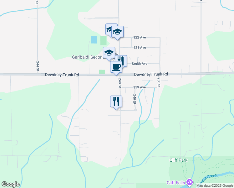 map of restaurants, bars, coffee shops, grocery stores, and more near 11917 248 Street in Maple Ridge