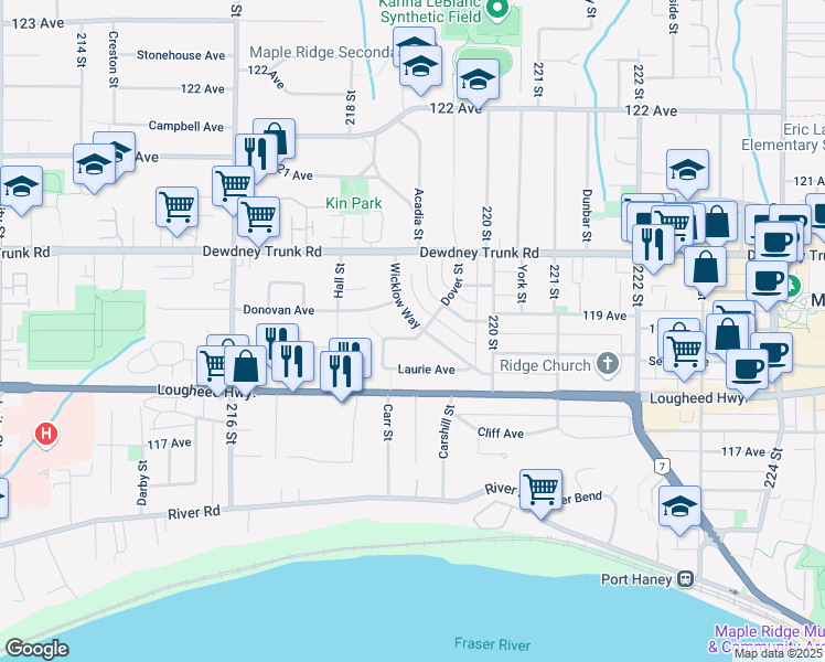 map of restaurants, bars, coffee shops, grocery stores, and more near 21825 Dover Road in Maple Ridge