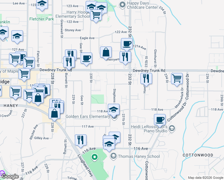 map of restaurants, bars, coffee shops, grocery stores, and more near 11903 Stephens Street in Maple Ridge