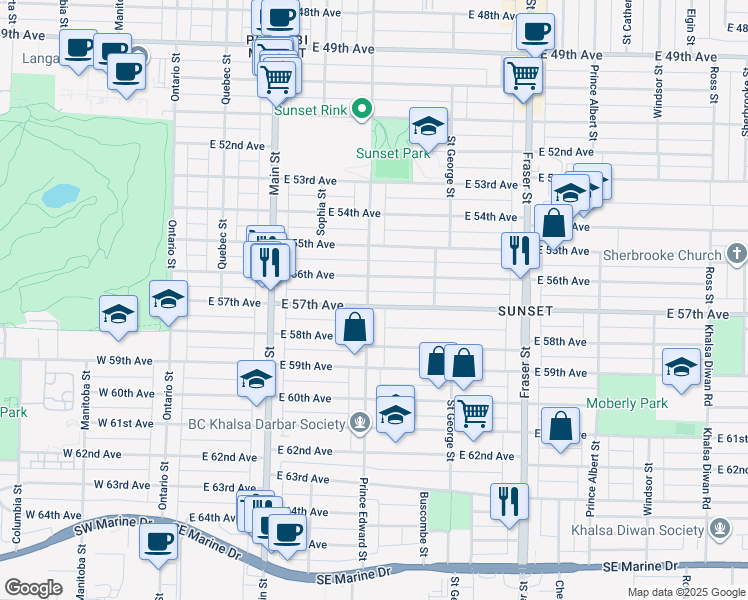 map of restaurants, bars, coffee shops, grocery stores, and more near 411 East 57th Avenue in Vancouver