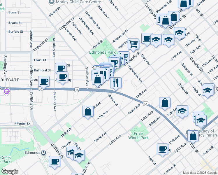 map of restaurants, bars, coffee shops, grocery stores, and more near in Burnaby