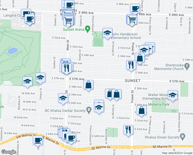 map of restaurants, bars, coffee shops, grocery stores, and more near 425 East 57th Avenue in Vancouver