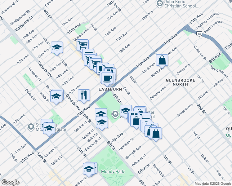 map of restaurants, bars, coffee shops, grocery stores, and more near 929 6th Street in New Westminster