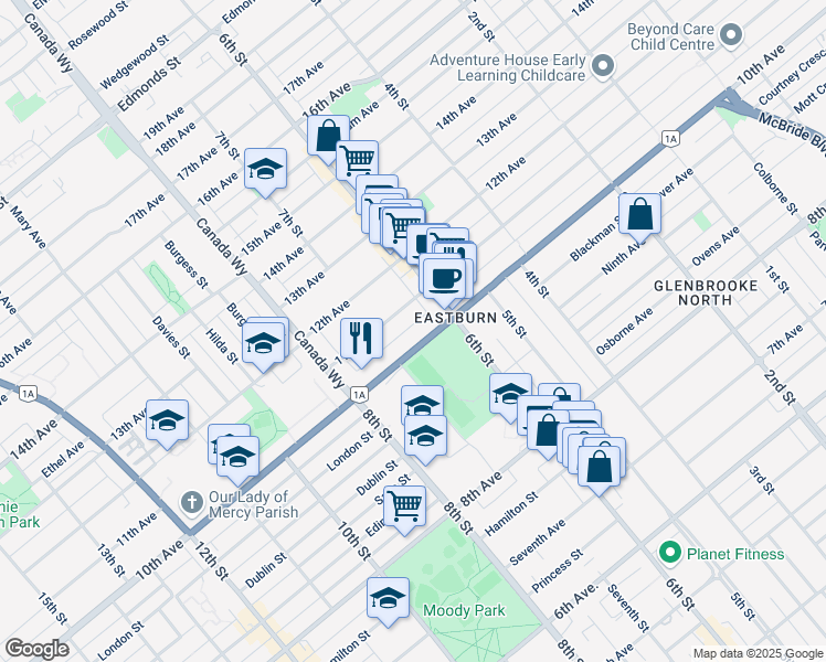 map of restaurants, bars, coffee shops, grocery stores, and more near 7805 British Columbia 99 Alternate in Burnaby