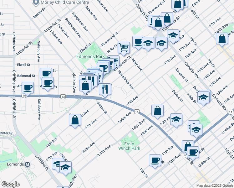 map of restaurants, bars, coffee shops, grocery stores, and more near 7435 Kingsway in Burnaby