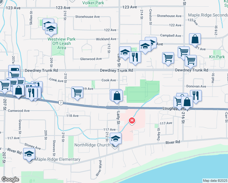 map of restaurants, bars, coffee shops, grocery stores, and more near 11895 Laity Street in Maple Ridge