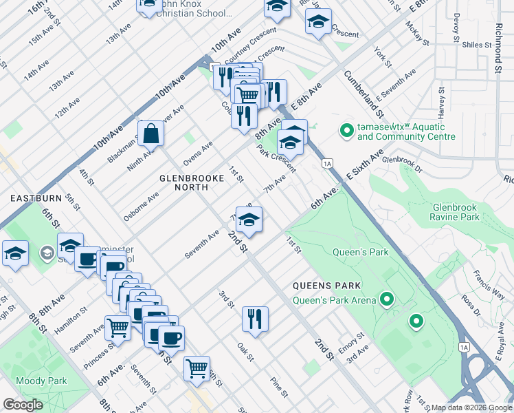 map of restaurants, bars, coffee shops, grocery stores, and more near 102 Seventh Avenue in New Westminster