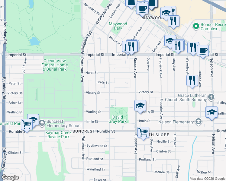 map of restaurants, bars, coffee shops, grocery stores, and more near 4313 Victory Street in Burnaby
