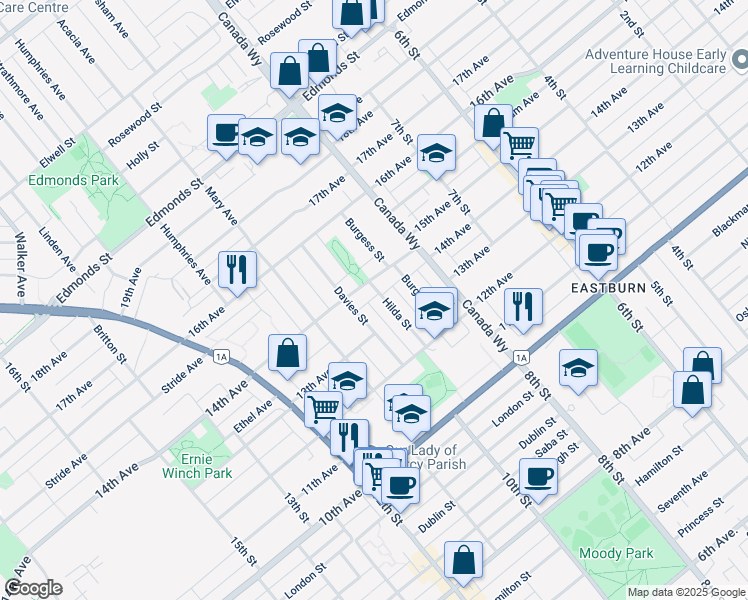 map of restaurants, bars, coffee shops, grocery stores, and more near 7621 Hilda Street in Burnaby
