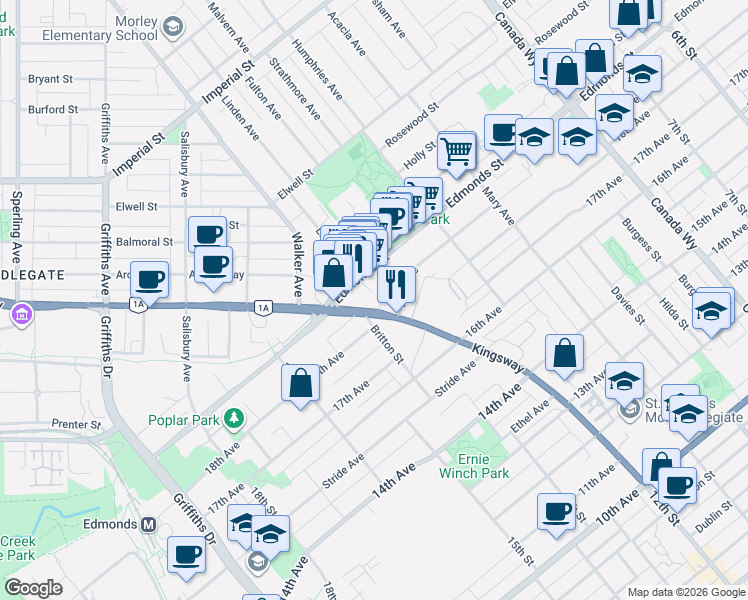 map of restaurants, bars, coffee shops, grocery stores, and more near 7388 Kingsway in Burnaby