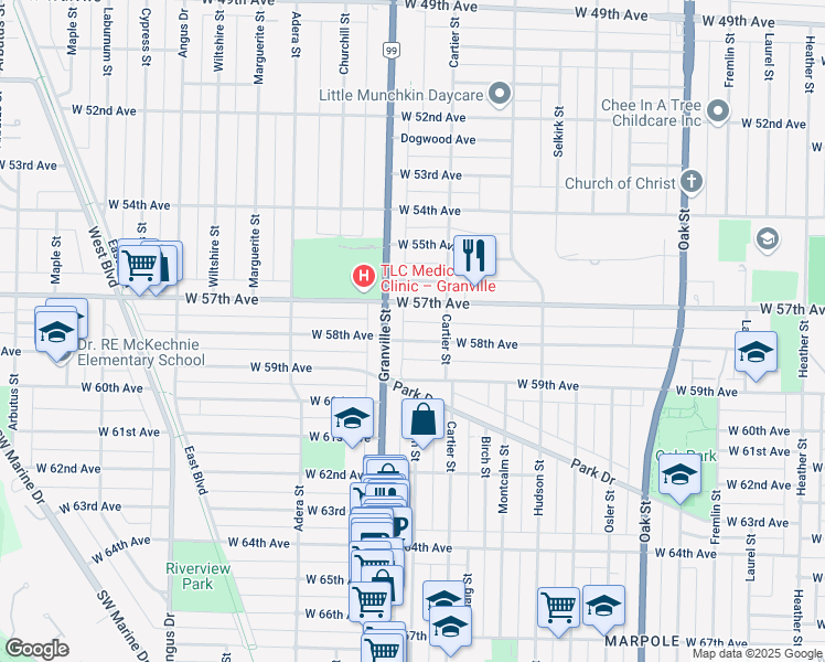 map of restaurants, bars, coffee shops, grocery stores, and more near 1467 West 58th Avenue in Vancouver